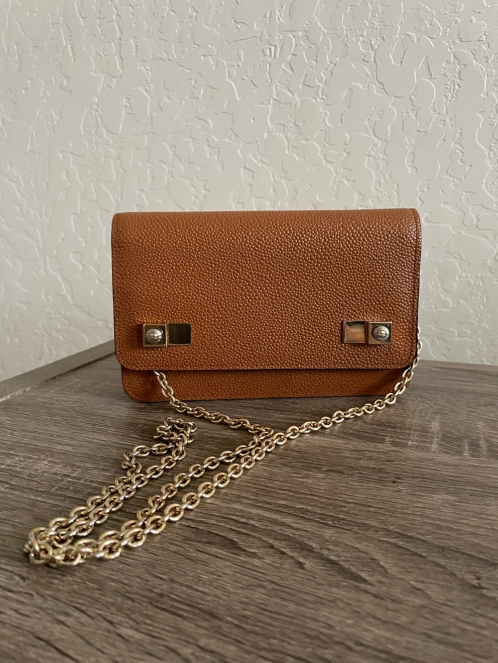 Henri Bendel Brown Pebbled Leather Wallet on Chain Crossbody Gold Hardware